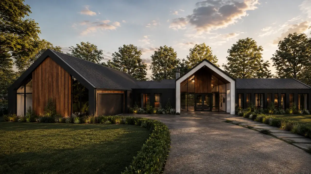 Contemporary New Zealand home at dusk — cedar cladding, gabled forms and a sweeping entry drive